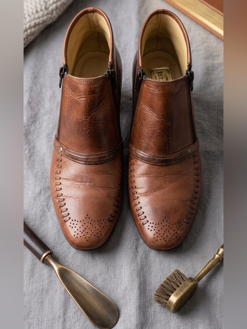 Vintage Men's Brown Leather Zip Dress Boots